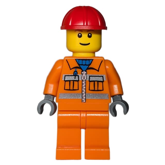 Construction Worker, Orange Jacket with Zipper and Reflective Stripes, Orange Legs, Red Hard Hat, Brown Eyebrows
