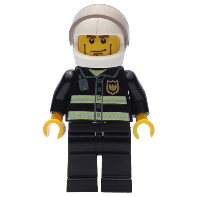 Fireman, Black Fire Jacket with Reflective Stripes, Radio, and Badge, White Helmet with Visor, Cheek Lines