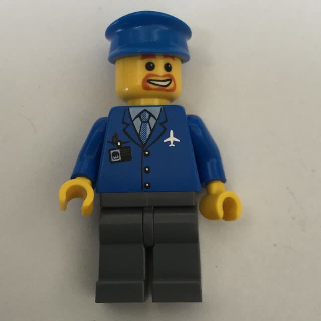 Pilot, Blue Jacket with Plane Logo and Blue Tie, Blue Hat, Goatee Beard