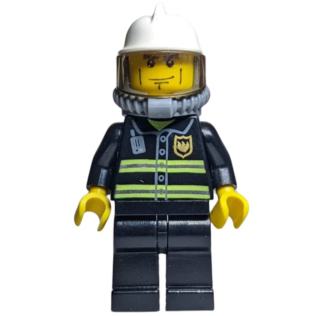Fireman, Black Fire Jacket with Radio and Badge, White Helmet, Airtanks, Breathing Apparatus