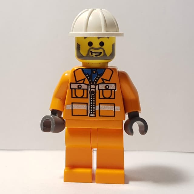 Garry - Construction Worker, Orange Jacket with Zipper and Reflective Stripes, Orange Legs, White Hard Hat, Beard