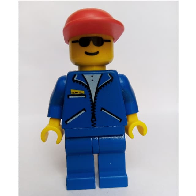 Man, Blue Jacket with Zipper, Blue Legs, Red Cap, Sunglasses