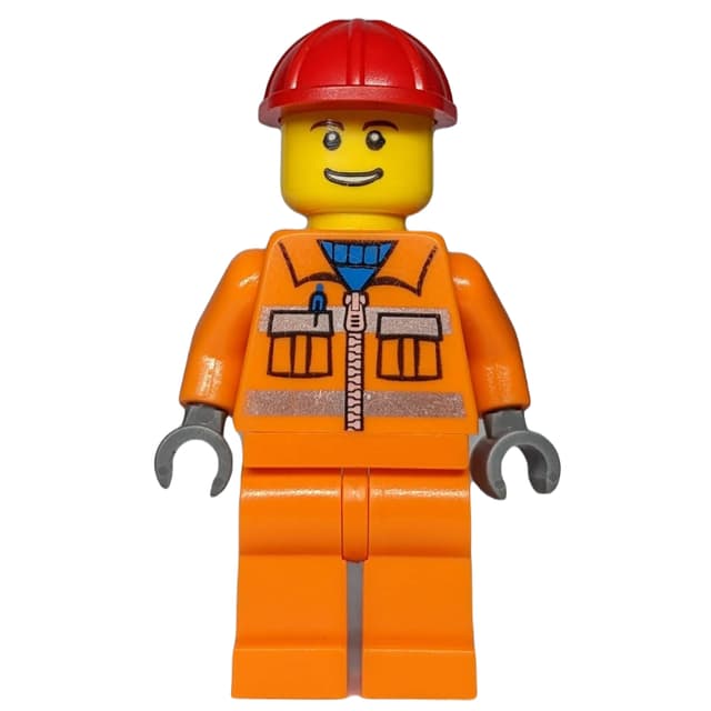 Construction Worker, Orange Jacket with Zipper and Reflective Stripes, Red Hard Hat