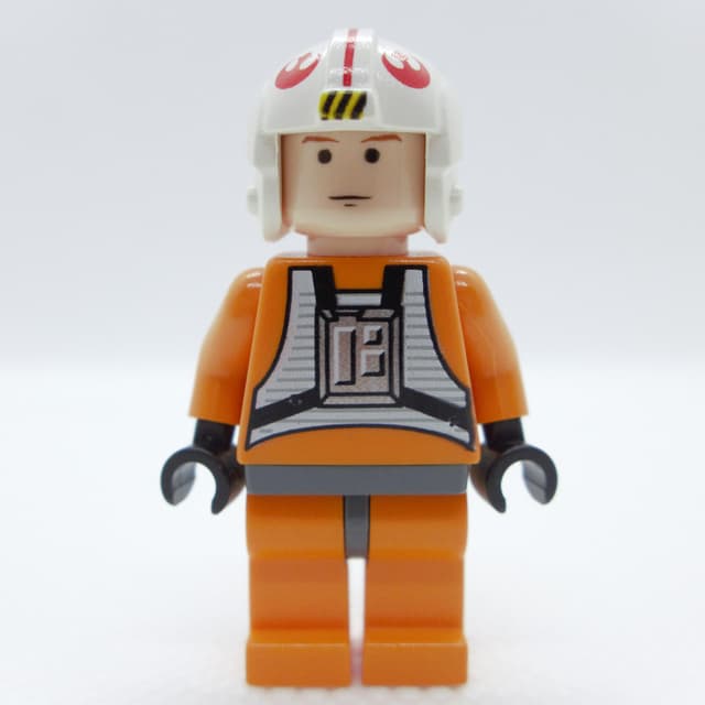 Luke Skywalker, Orange Rebel Pilot Outfit, Dark Bluish Gray Hips, Black Eyes