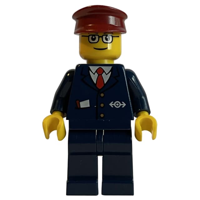 Train Conductor - Dark Blue Jacket, Dark Blue Legs, Dark Red Hat, Glasses (3626b head)