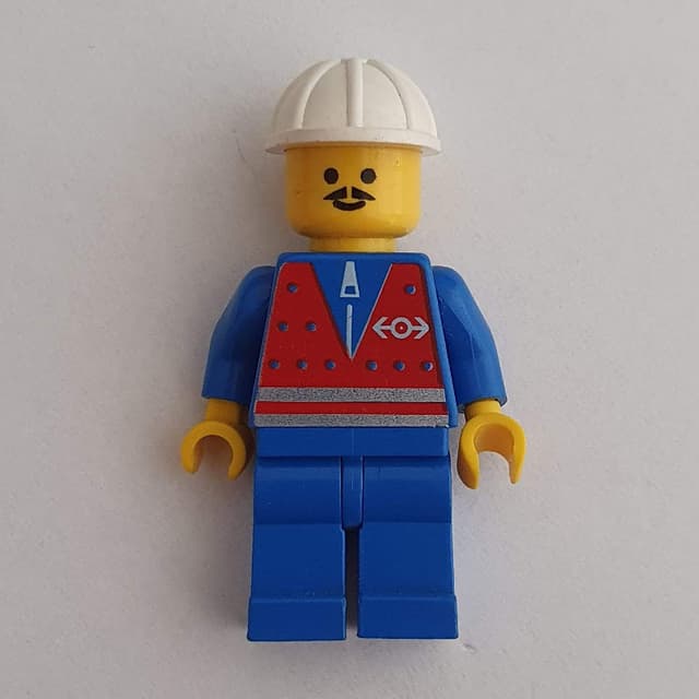 Train Worker - Red Vest, Blue Legs, White Helmet, Moustache