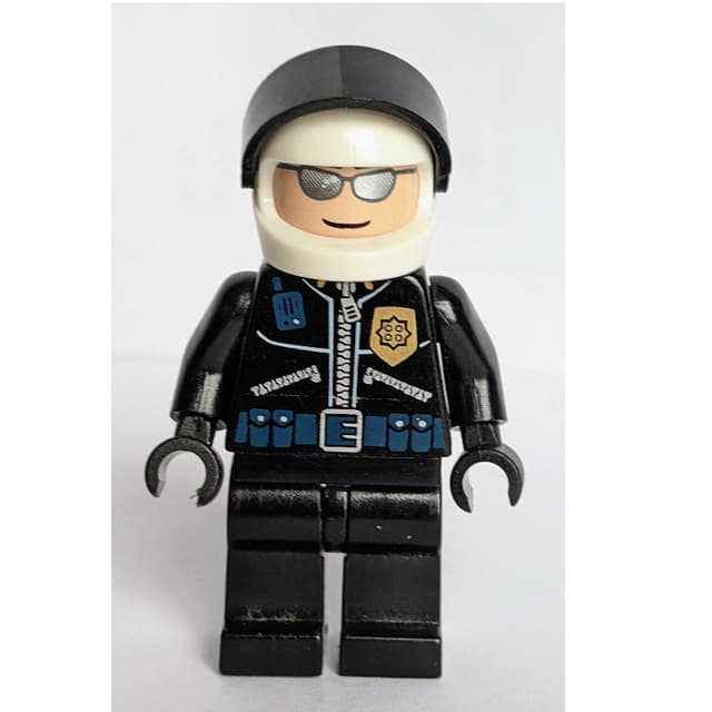 Policeman with Zipped Jacket with Gold Badge, and White Helmet with Black Visor