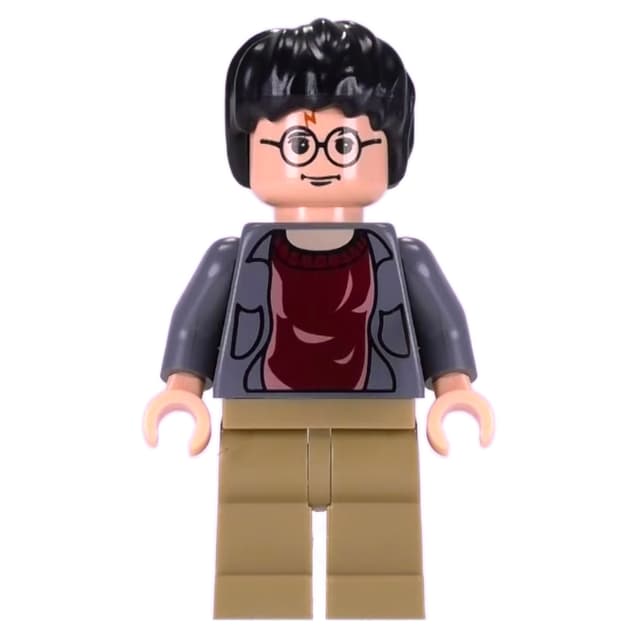 Harry Potter, Open Dark Bluish Gray Jacket over Dark Red Shirt, Dark Tan Legs