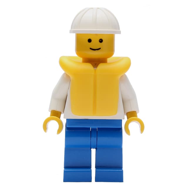 Boat Worker, White Shirt with Anchor, Blue Legs, White Hard Hat, Yellow Life Vest