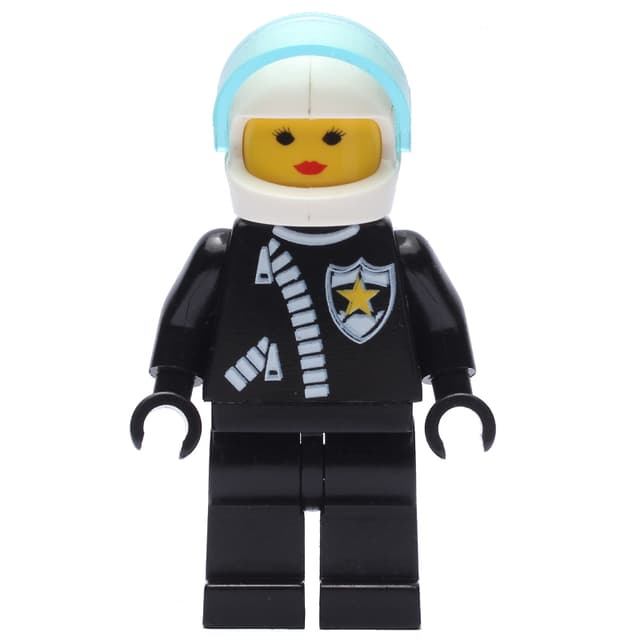 Policewoman, Black Jacket with Zipper and Badge, White Helmet with Trans-Light Blue Visor