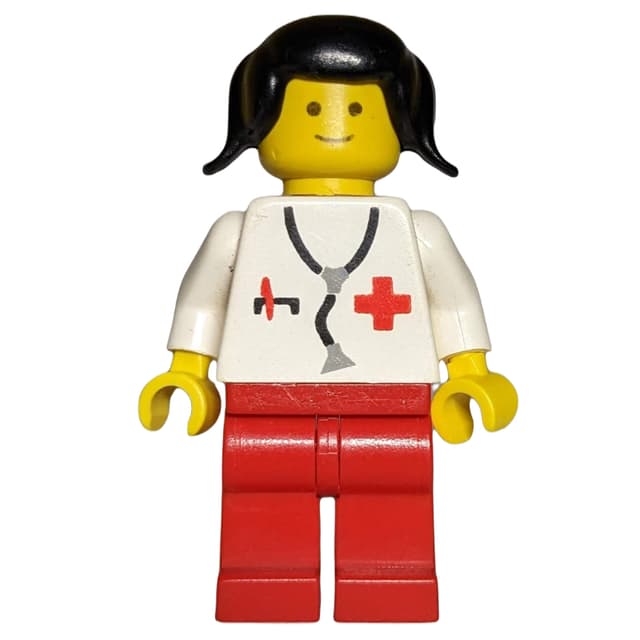 Doctor, Woman, White Torso with Stethoscope and Red Cross, Red Legs, Black Hair (3626b Head)