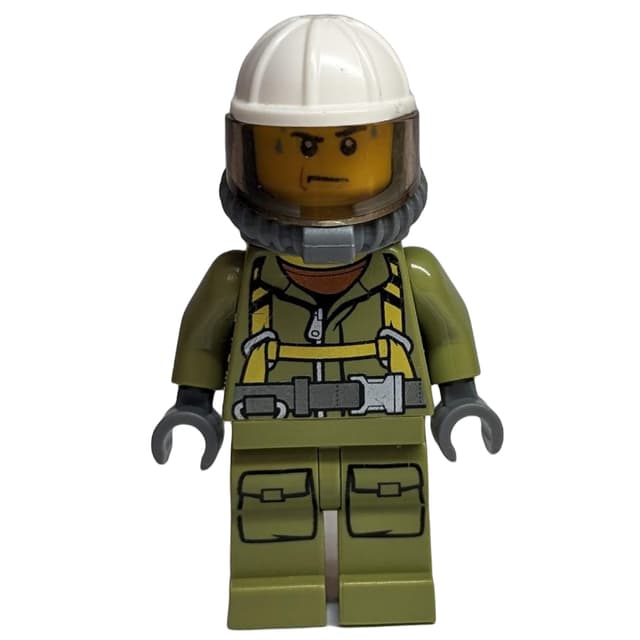 Volcano Explorer, Man, Olive Green Jumpsuit with Straps, White Hard Hat with Visor, Breathing Apparatus