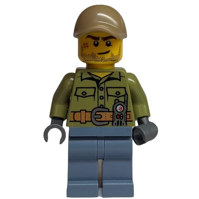 Volcano Explorer, Man, Olive Green Shirt, Sand Blue Legs, Dark Tan Cap, Stubble