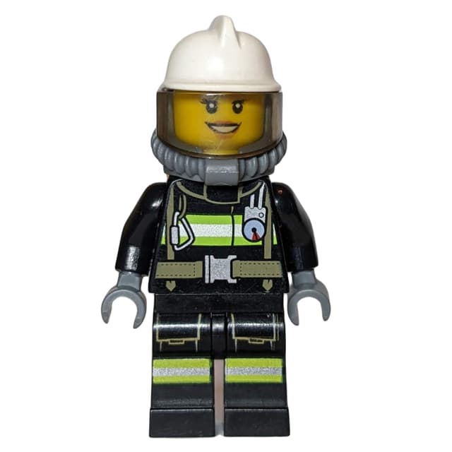 Firefighter, Female, Black Fire Suit with Gauge and Straps, White Helmet, Breathing Apparatus, Airtanks (3626cpr0893 Head)