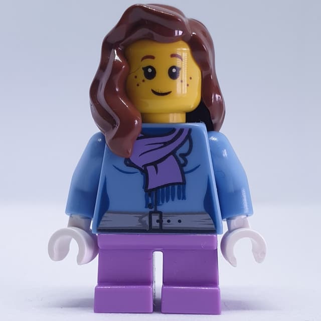 Girl, Medium Blue Jacket with Medium Lavender Scarf, Short Medium Lavender Legs, Reddish Brown Hair