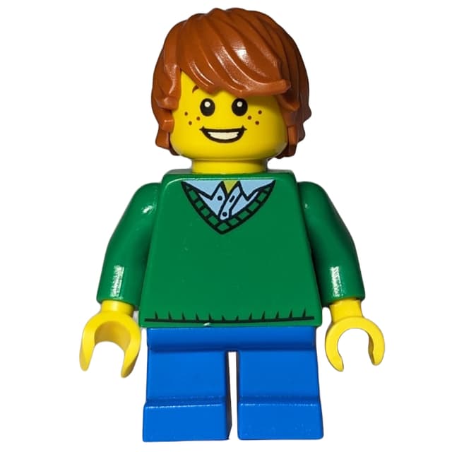 Boy, Green Sweater, Short Blue Legs, Dark Orange Hair
