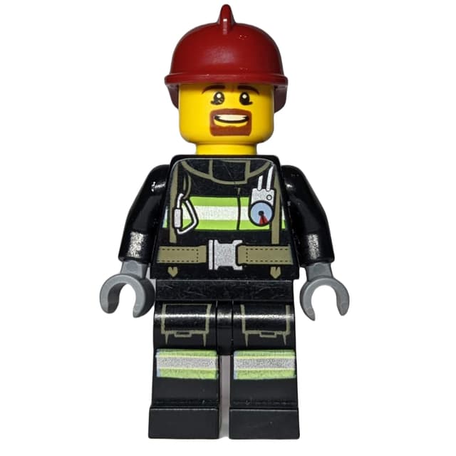 Firefighter, Black Fire Jacket with Straps and Gauge, Dark Red Helmet, Goatee Beard