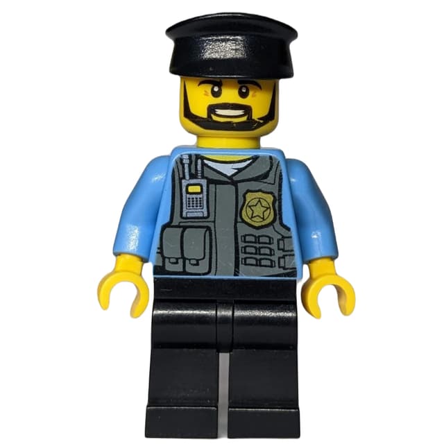 Policeman, Vest with Gold Badge, Radio, and Pockets. Black Hat, Beard