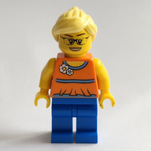 Woman, Orange Halter Top with Flowers, Blue Legs, Bright Light Yellow Hair, Glasses