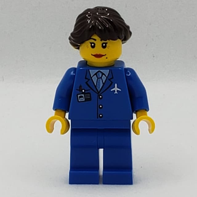 Pilot, Woman, Blue Jacket with Plane Logo and Blue Tie, Blue Legs, Dark Brown Hair