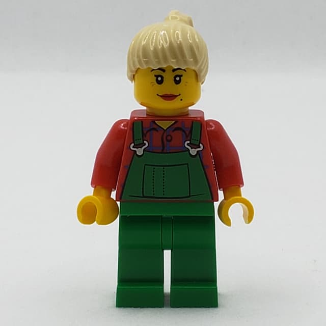 Woman, Green Overalls over Red Plaid Shirt, Tan Ponytail