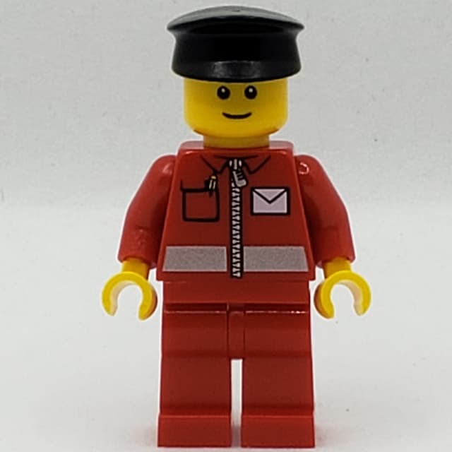 Postal Worker, Red Jacket with Zipper and Letter Logo, Red Legs, Black Cap, Reddish Brown Eyebrows
