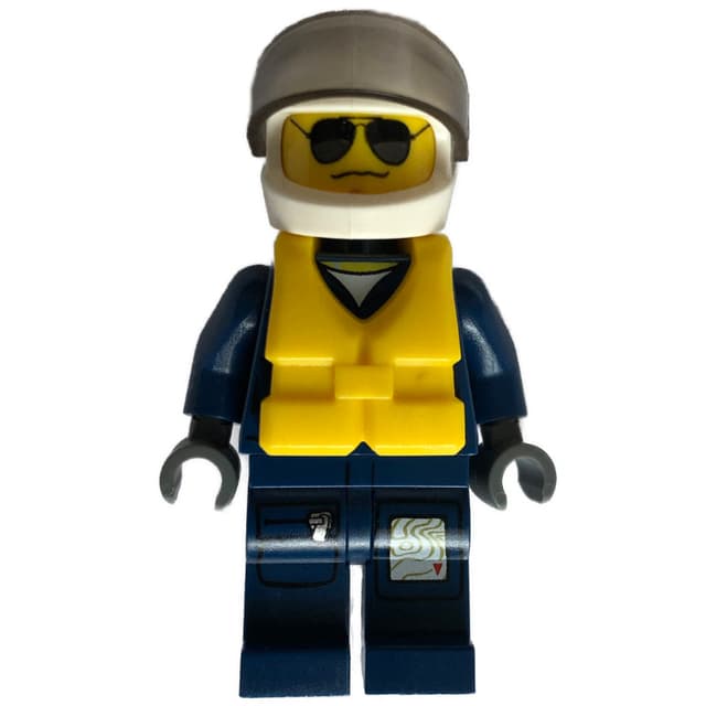 Policeman, Dark Blue Jacket with Pockets and Badge, White Helmet with Visor, Yellow Life Vest, Sunglasses and Wavy Mouth