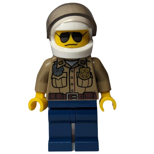 Forest Police / Ranger, Dark Tan Shirt with Radio and Badge, Dark Blue Legs, White Helmet with Visor, Sunglasses