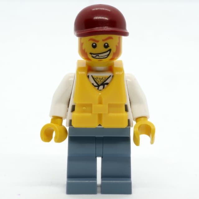 Criminal, Overalls over Prison Shirt, Dark Red Cap, Yellow Life Vest