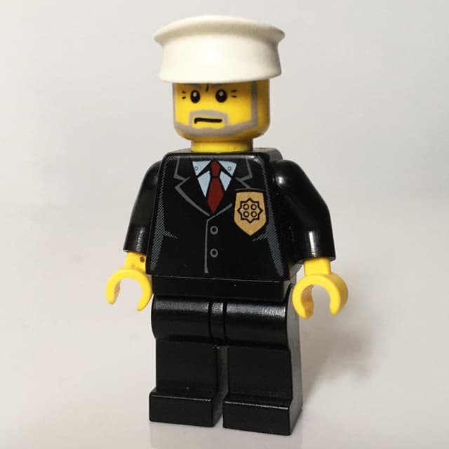 Policeman, Black Suit with Badge, White Hat, Gray Beard