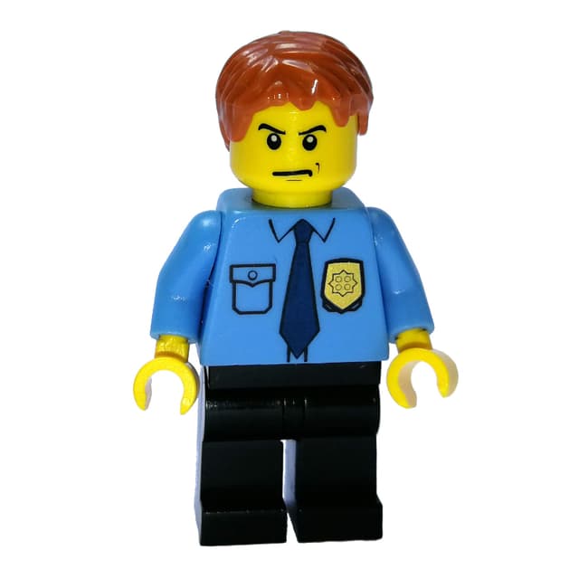 Policeman, Medium Blue Shirt with Badge and Tie, Black Legs, Dark Orange Hair