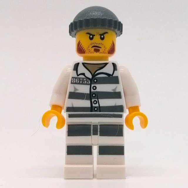 Criminal, Prison Shirt with #86753, Black Legs, Dark Bluish Gray Hat, Stubble and Mutton Chops