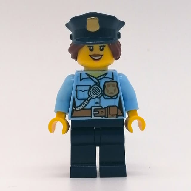 Policewoman, Bright Light Blue Shirt with Radio and Badge, Dark Blue Legs, Police Hat with Badge, Open Mouth