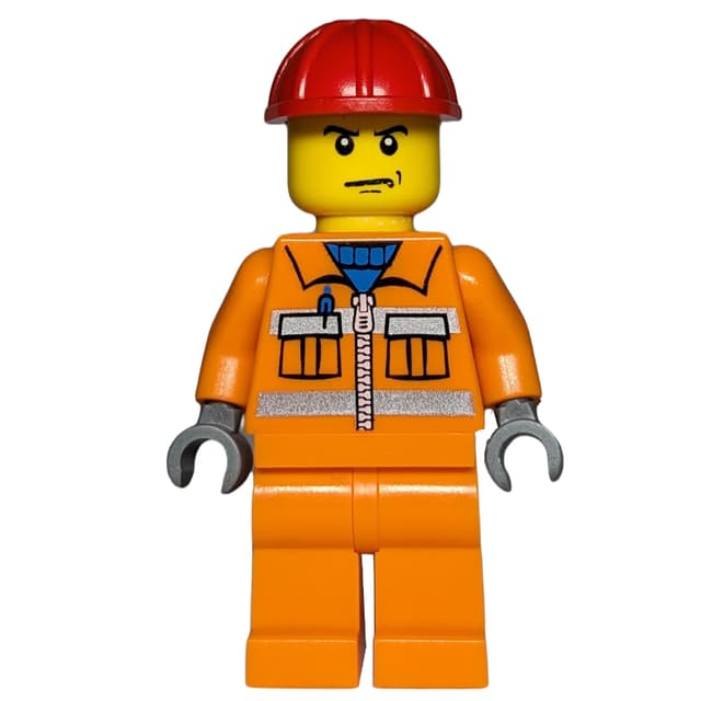 Construction Worker, Orange Jacket with Zipper and Reflective Stripes, Orange Legs, Red Hard Hat