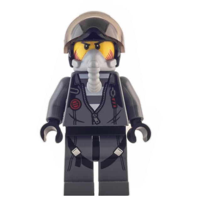 Criminal, Open Dark Bluish Gray Jacket with Zipper over Prison Shirt, Black Helmet with Visor, Breathing Apparatus