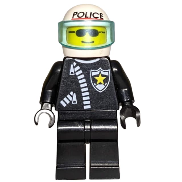 Policeman, Black Jacket with Zipper and Badge, White Helmet with Visor, Sunglasses