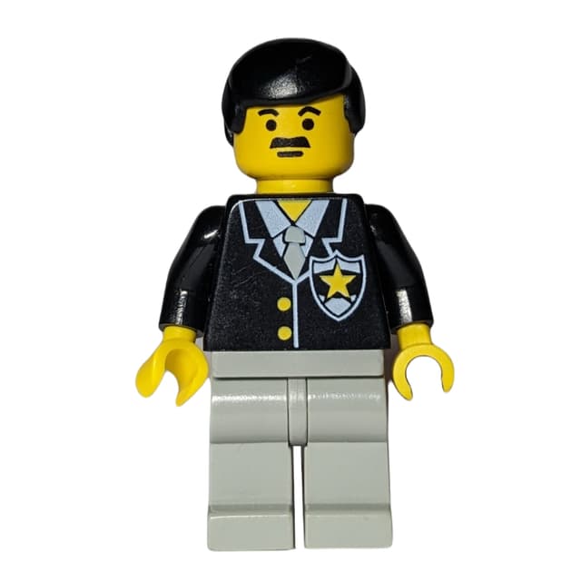 Policeman, Black Jacket with Tie and Badge, Light Gray Legs, Black Hair, Moustache