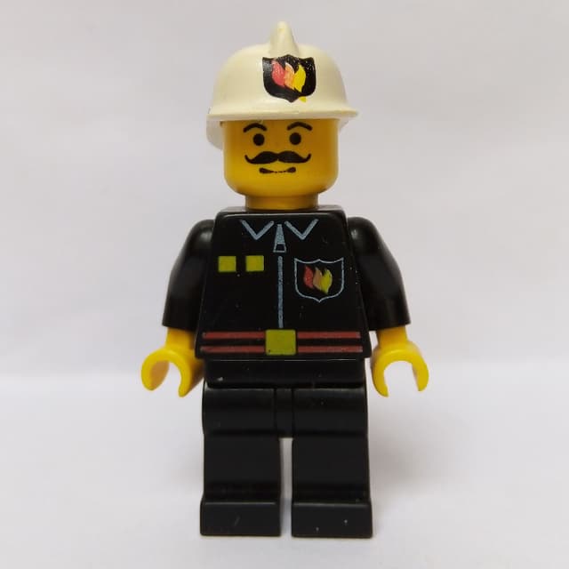 Fireman, Black Fire Jacket with Red Belt and Badge, White Helmet with Fire Logo, Moustache