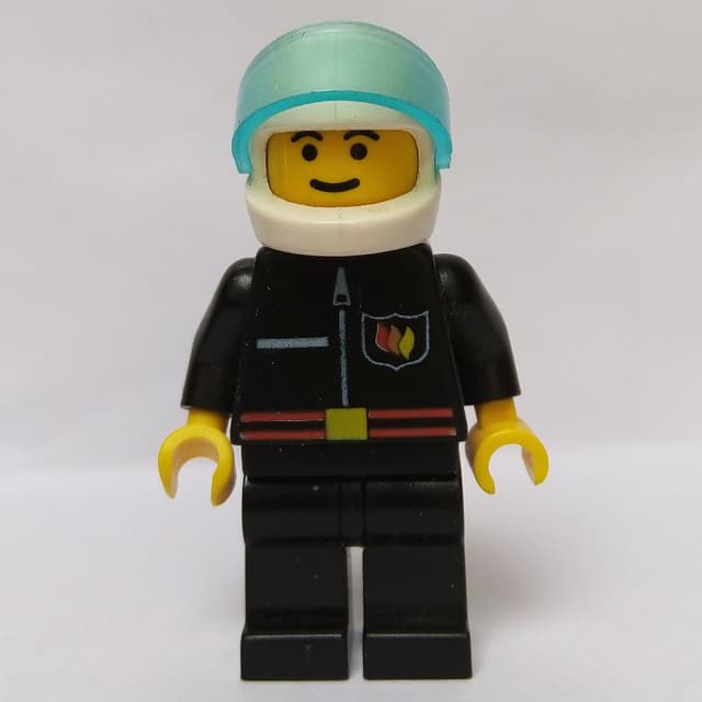 Fireman, Black Fire Jacket with Red Belt and Badge, White Helmet with Visor