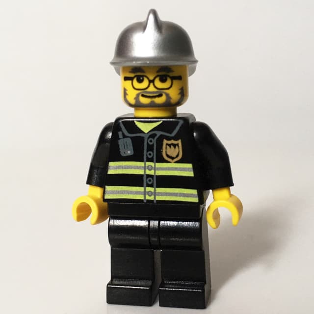 Fireman, Black Fire Jacket with Reflective Stripes, Radio, and Badge, Silver Helmet, Beard and Glasses