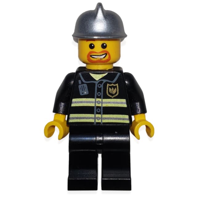 Fireman, Black Fire Jacket with Reflective Stripes, Radio, and Badge, Silver Helmet, Goatee Beard
