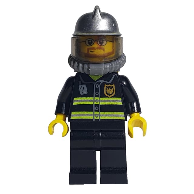Fireman, Black Fire Jacket with Reflective Stripes, Radio, and Badge, Silver Helmet, Breathing Apparatus, Airtanks, Beard and Glasses