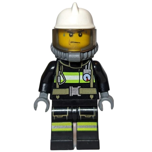 Fireman, Black Fire Suit with Gauge and Straps, White Helmet, Breathing Apparatus, Airtanks, Sweat Drops
