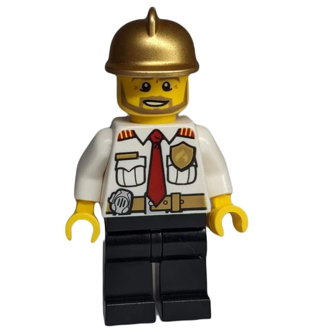Fireman, White Shirt with Red Tie, Badge, and Radio on Belt, Gold Helmet, Beard