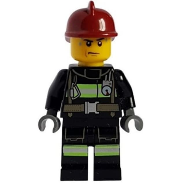 Fireman, Black Fire Suit with Gauge and Straps, Dark Red Helmet, Sweat Drops