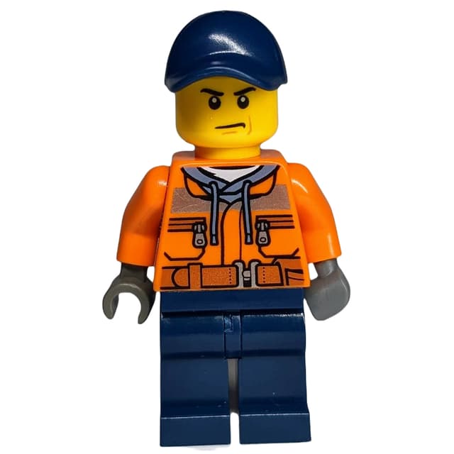 Construction Worker, Orange Jacket with Zipper and Reflective Stripes, Dark Blue Legs, Dark Blue Cap