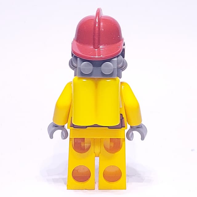Fireman, Bright Light Orange Fire Suit, Dark Red Helmet, Breathing Apparatus, Airtanks