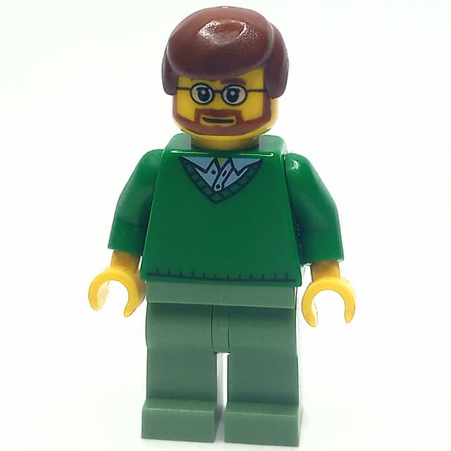 Man, Green V-Neck Sweater, Sand Green Legs, Reddish Brown Hair, Beard and Glasses