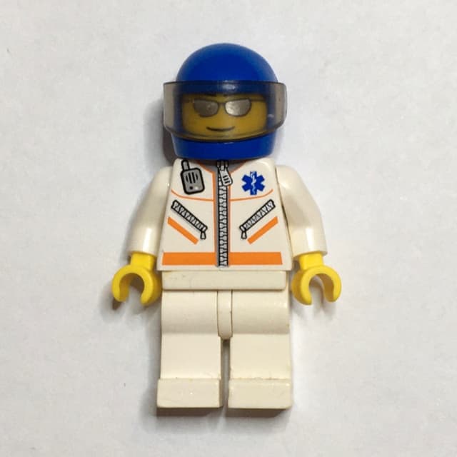 Paramedic, White Jacket with Zipper, Radio and Star of Life, Blue Helmet with Visor, Silver Sunglasses