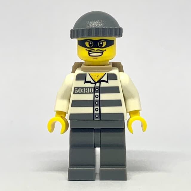 Criminal, Prison Shirt with #50380, Dark Bluish Gray Legs, Dark Bluish Gray Hat, Backpack, Black Eyemask